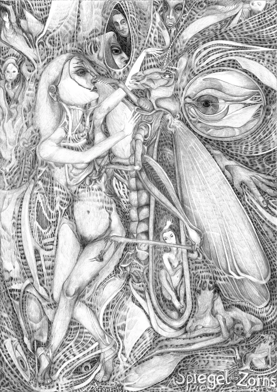 A black-and-white pencil drawing by Peter Fritz